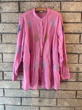 J. Jill Pink Embroidered Button-Up Tunic Blouse XL Cotton Top